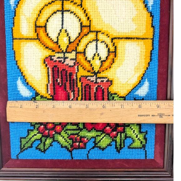 Vtg 1985 Framed Christmas Sunset Needlepoint Stained Glass Candles Completed - Picture 14 of 15